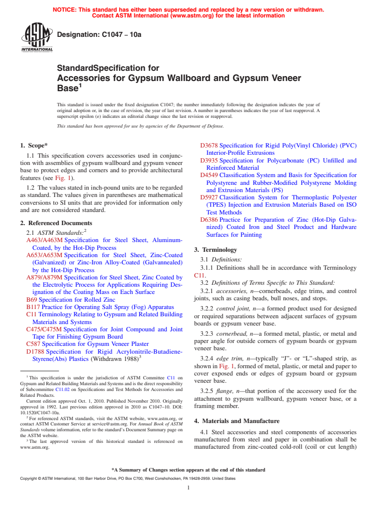 ASTM C1047-10a - Standard Specification for Accessories for Gypsum Wallboard and Gypsum Veneer Base