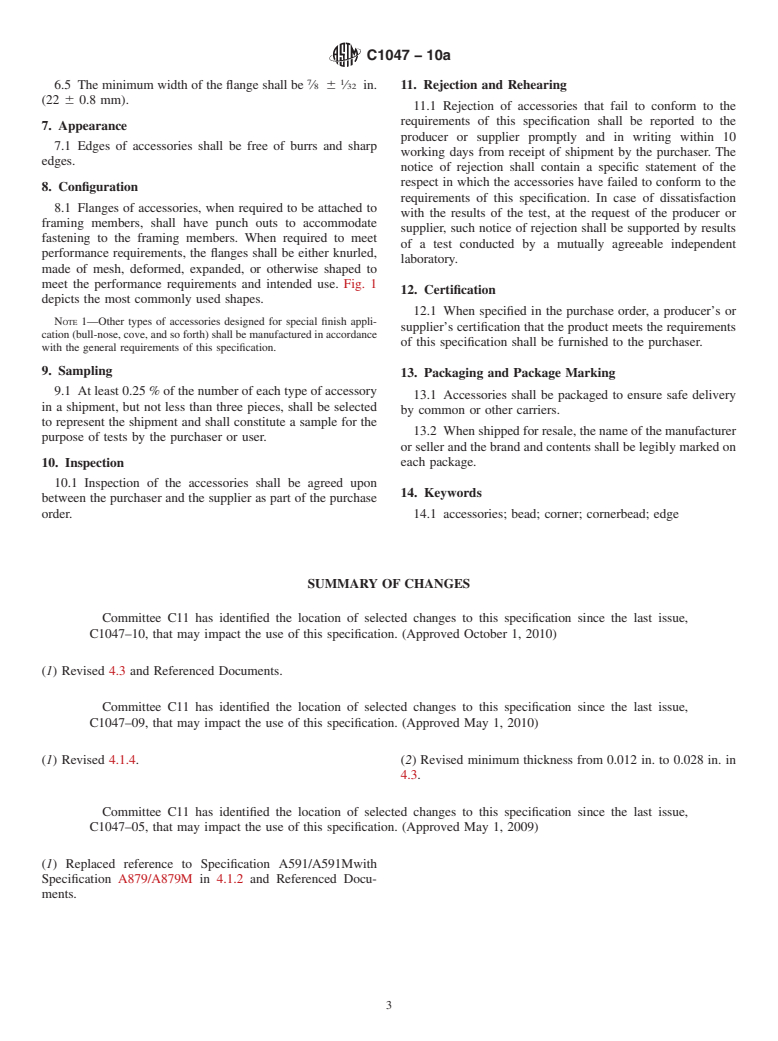 ASTM C1047-10a - Standard Specification for Accessories for Gypsum Wallboard and Gypsum Veneer Base