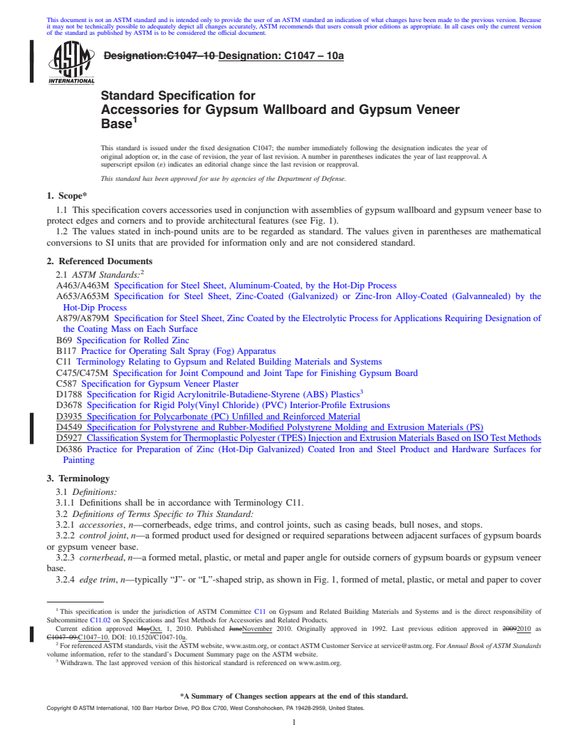 REDLINE ASTM C1047-10a - Standard Specification for Accessories for Gypsum Wallboard and Gypsum Veneer Base