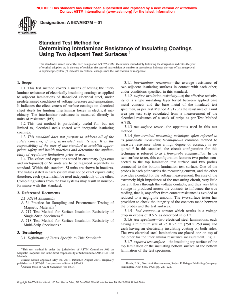 ASTM A937/A937M-01 - Standard Test Method for Determining Interlaminar Resistance of Insulating Coatings Using Two Adjacent Test Surfaces