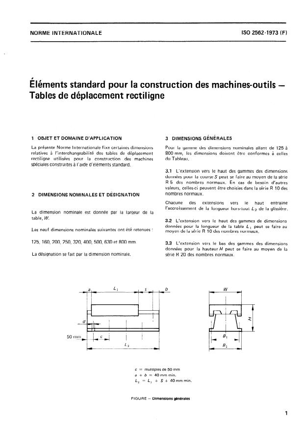 ISO 2562:1973 - Éléments standard pour la construction des machines-outils -- Tables de déplacement rectiligne
