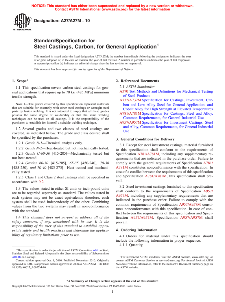 ASTM A27/A27M-10 - Standard Specification for Steel Castings, Carbon, for General Application