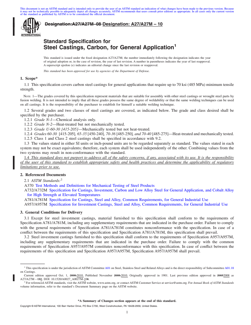 REDLINE ASTM A27/A27M-10 - Standard Specification for Steel Castings, Carbon, for General Application