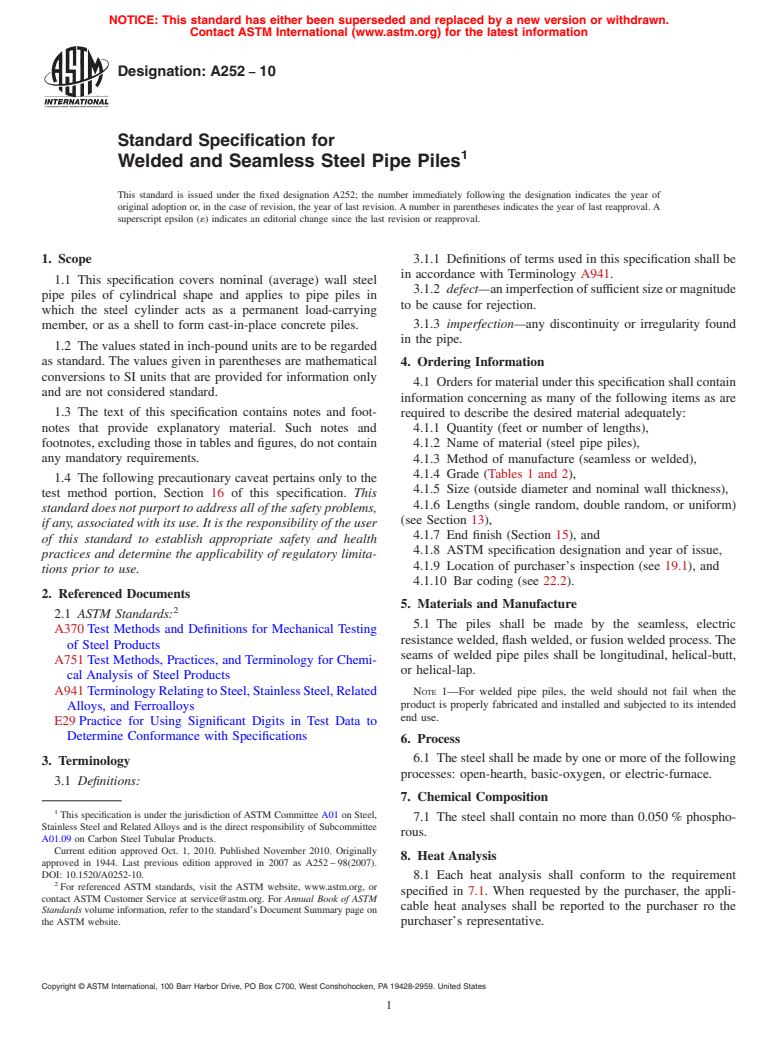 ASTM A252-10 - Standard Specification for  Welded and Seamless Steel Pipe Piles