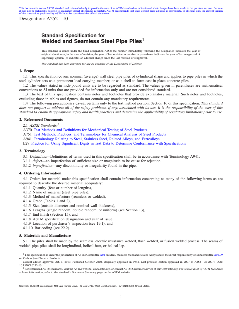 REDLINE ASTM A252-10 - Standard Specification for  Welded and Seamless Steel Pipe Piles