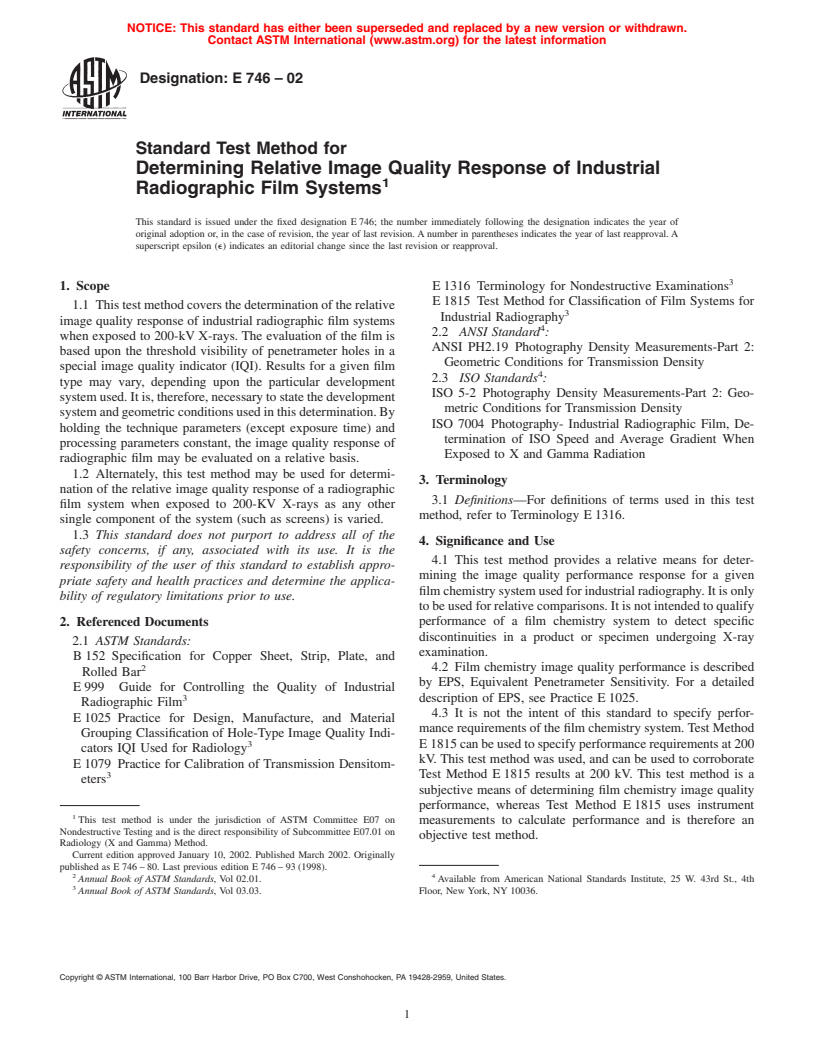 ASTM E746-02 - Standard Test Method for Determining Relative Image Quality Response of Industrial Radiographic Film