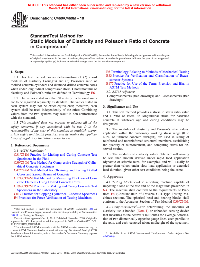 ASTM C469/C469M-10 - Standard Test Method for Static Modulus of Elasticity and Poisson's Ratio of Concrete in Compression