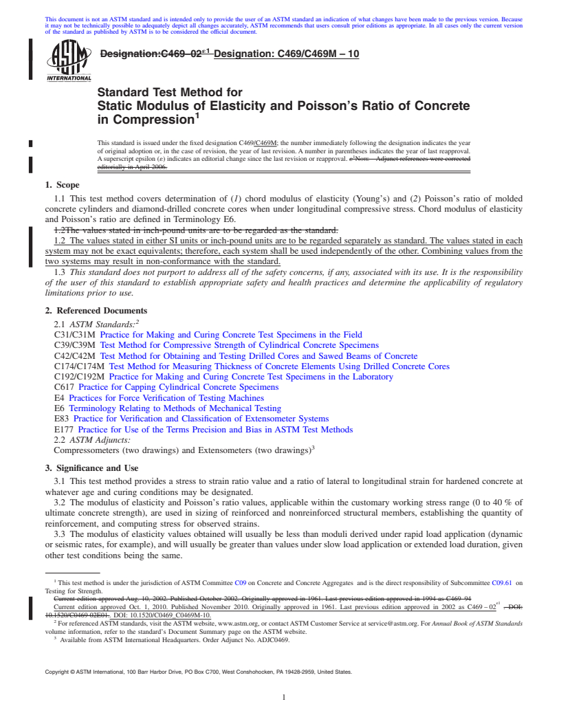 REDLINE ASTM C469/C469M-10 - Standard Test Method for Static Modulus of Elasticity and Poisson's Ratio of Concrete in Compression