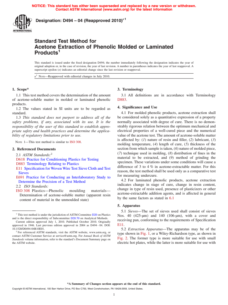 ASTM D494-04(2010)e1 - Standard Test Method for Acetone Extraction of Phenolic Molded or Laminated Products