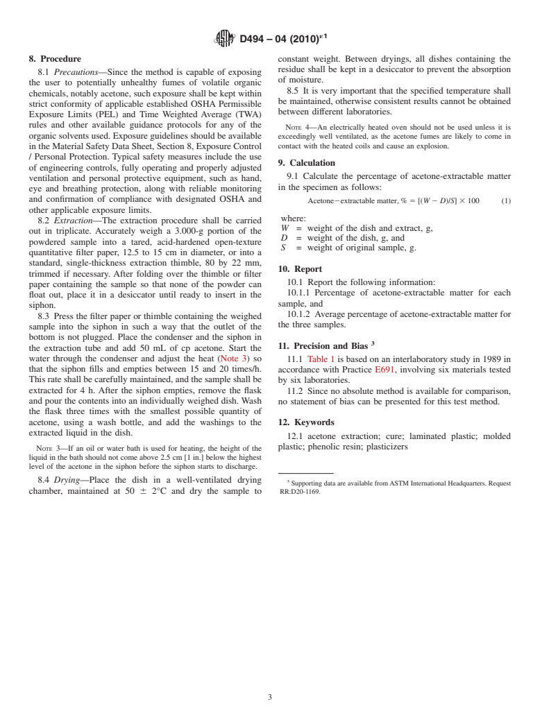 ASTM D494-04(2010)e1 - Standard Test Method for Acetone Extraction of Phenolic Molded or Laminated Products