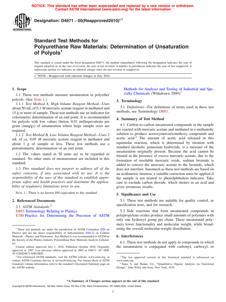 ASTM D4671-05(2010)e1 - Standard Test Method for Polyurethane Raw Materials  Determination of Unsaturation of Polyols