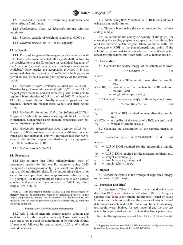 ASTM D4671-05(2010)e1 - Standard Test Method for Polyurethane Raw Materials  Determination of Unsaturation of Polyols