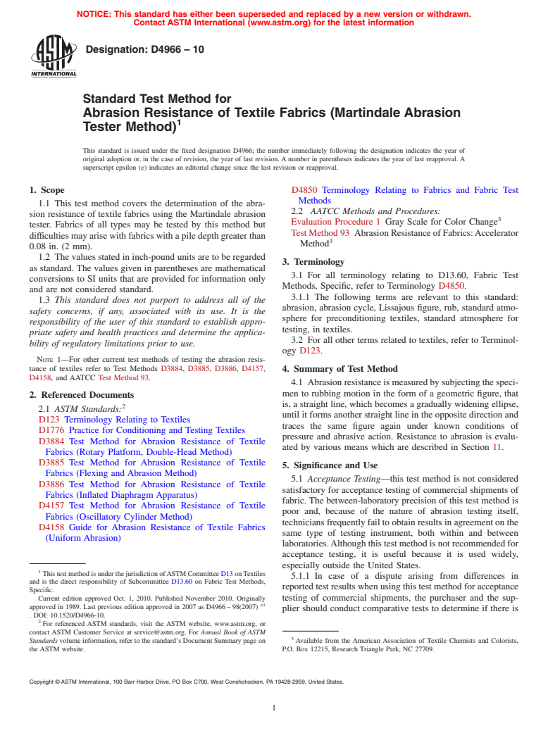 ASTM D4966-10 - Standard Test Method for Abrasion Resistance of Textile Fabrics (Martindale Abrasion Tester Method)