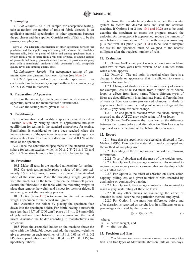 ASTM D4966-10 - Standard Test Method for Abrasion Resistance of Textile Fabrics (Martindale Abrasion Tester Method)