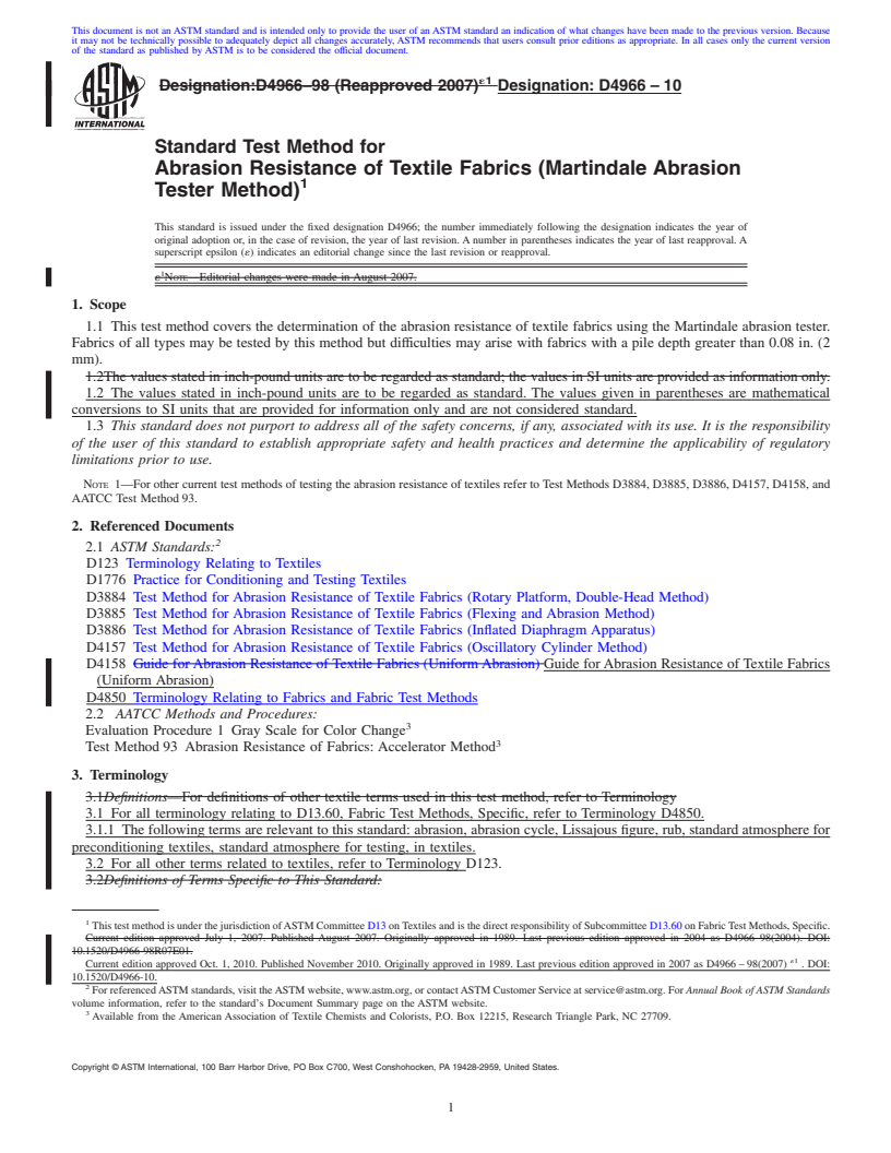 REDLINE ASTM D4966-10 - Standard Test Method for Abrasion Resistance of Textile Fabrics (Martindale Abrasion Tester Method)