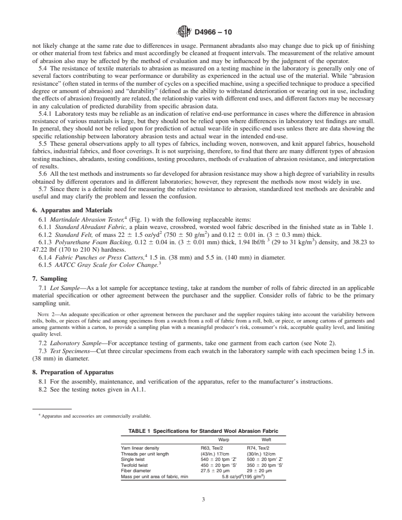 REDLINE ASTM D4966-10 - Standard Test Method for Abrasion Resistance of Textile Fabrics (Martindale Abrasion Tester Method)