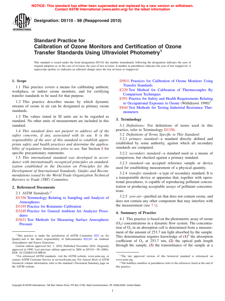 ASTM D5110-98(2010) - Standard Practice for Calibration of Ozone Monitors and Certification of Ozone Transfer Standards Using Ultraviolet Photometry