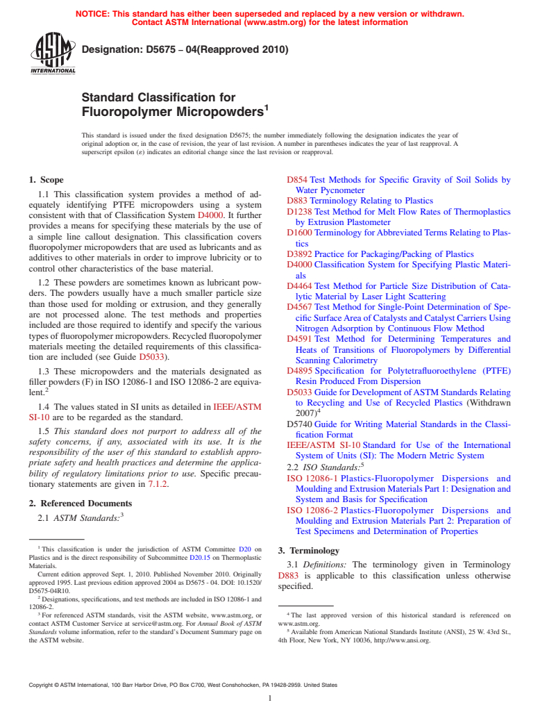 ASTM D5675-04(2010) - Standard Specification for Fluoropolymer Micropowders