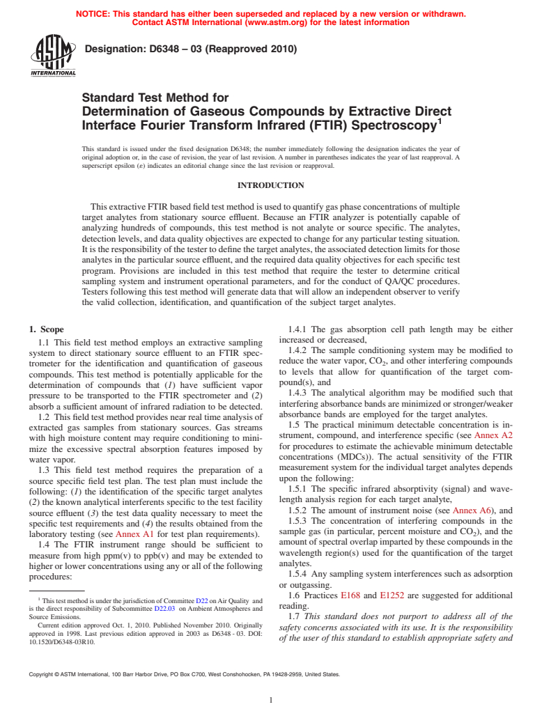 ASTM D6348-03(2010) - Standard Test Method for Determination of Gaseous Compounds by Extractive Direct Interface Fourier Transform Infrared (FTIR) Spectroscopy