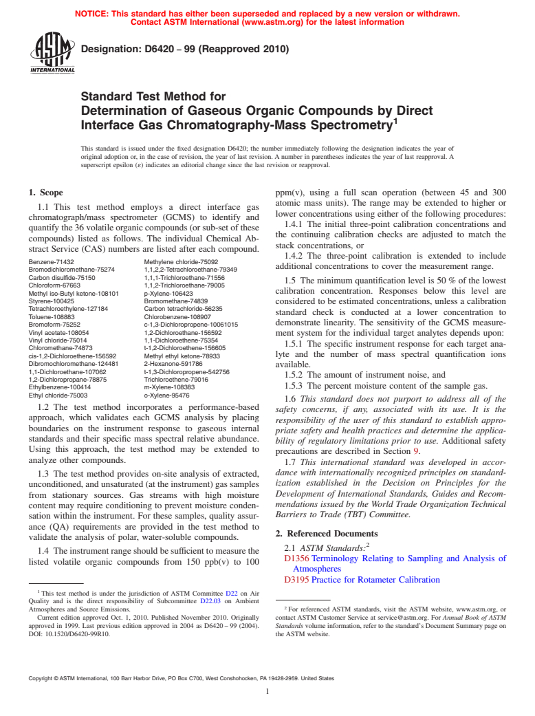 ASTM D6420-99(2010) - Standard Test Method for Determination of Gaseous Organic Compounds by Direct Interface Gas Chromatography-Mass Spectrometry