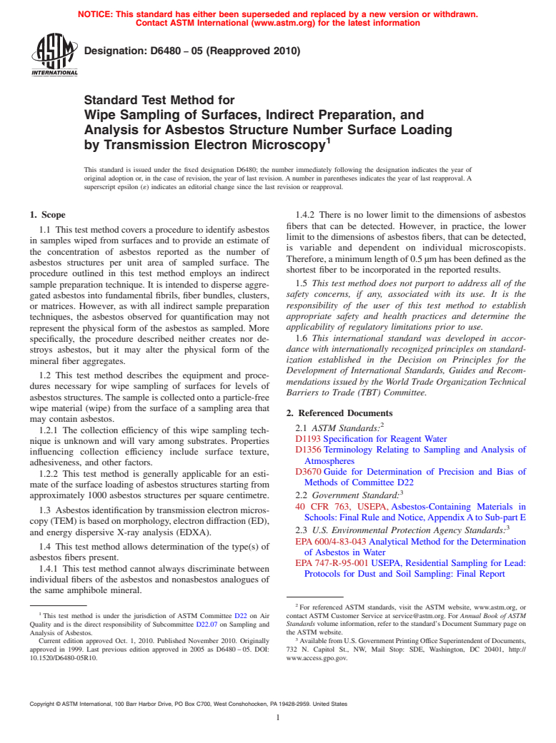 ASTM D6480-05(2010) - Standard Test Method for Wipe Sampling of Surfaces, Indirect Preparation, and Analysis for Asbestos Structure Number Concentration by Transmission Electron Microscopy