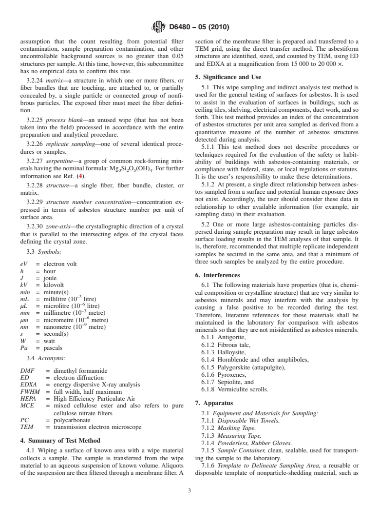 ASTM D6480-05(2010) - Standard Test Method for Wipe Sampling of Surfaces, Indirect Preparation, and Analysis for Asbestos Structure Number Concentration by Transmission Electron Microscopy