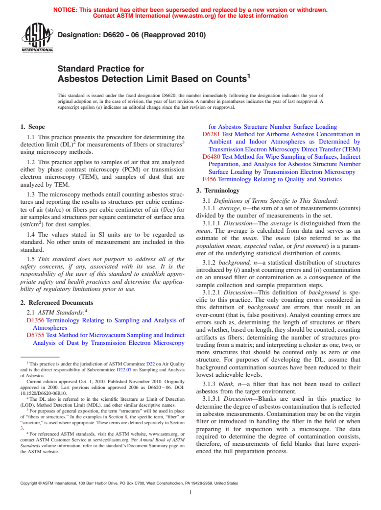 ASTM D6620-06(2010) - Standard Practice for Asbestos Detection Limit Based on Counts