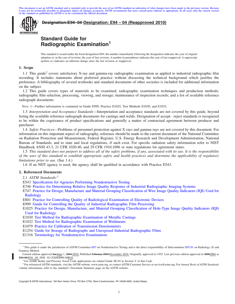 REDLINE ASTM E94-04(2010) - Standard Guide for Radiographic Examination