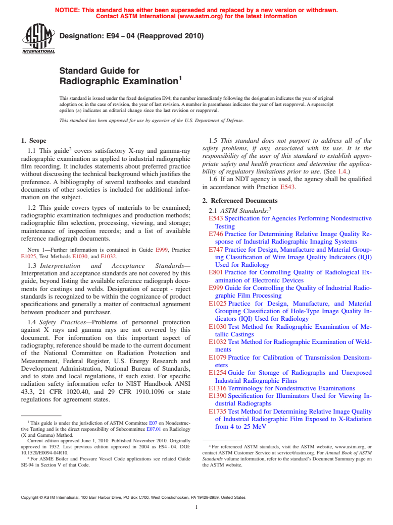 ASTM E94-04(2010) - Standard Guide for Radiographic Examination