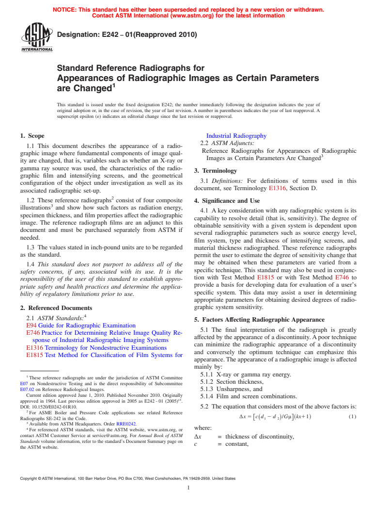 ASTM E242-01(2010) - Standard Reference Radiographs for Appearances of Radiographic Images as Certain Parameters Are Changed