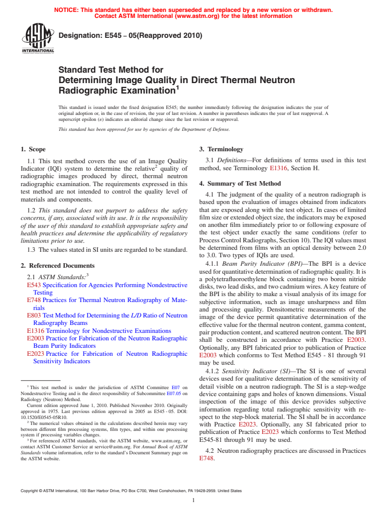 ASTM E545-05(2010) - Standard Test Method for Determining Image Quality in Direct Thermal Neutron Radiographic Examination