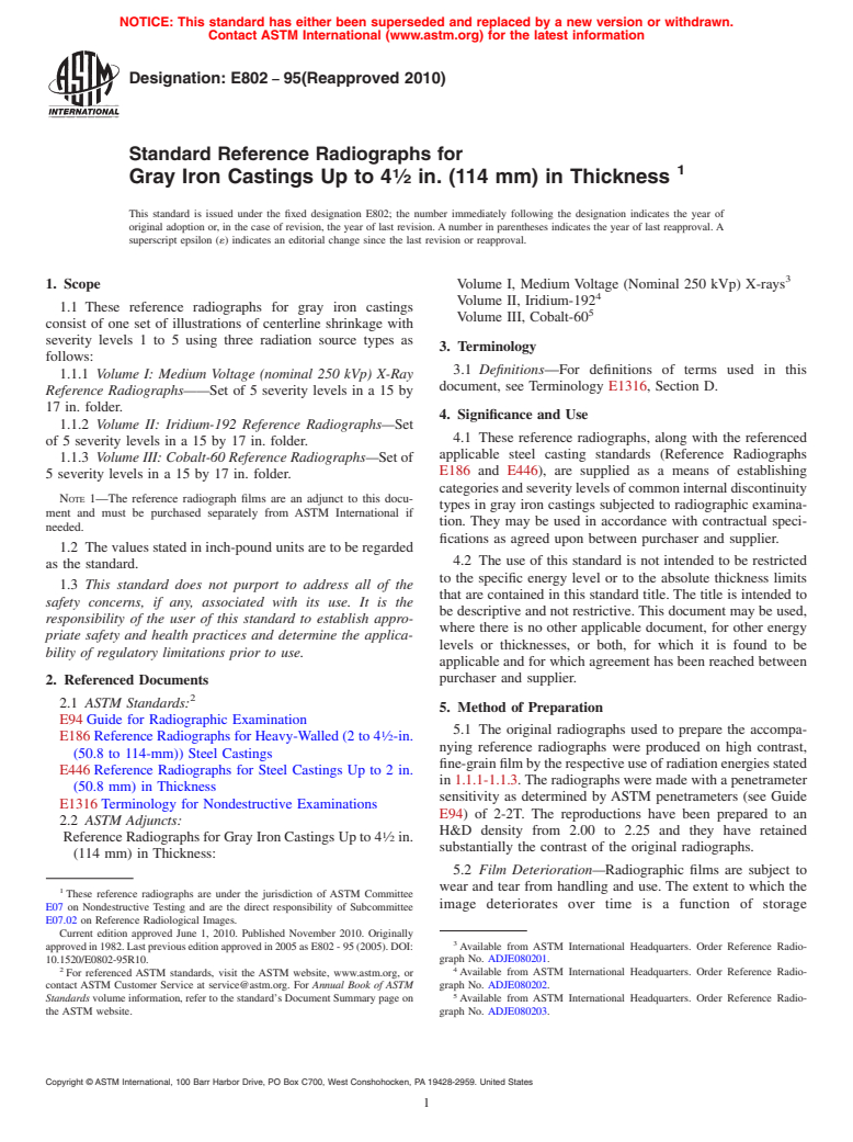 ASTM E802-95(2010) - Standard Reference Radiographs for Gray Iron Castings Up to 4 1/2 in. (114 mm) in Thickness