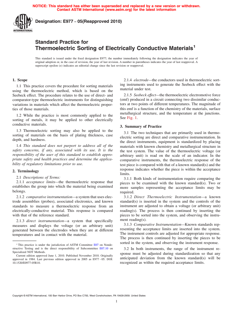 ASTM E977-05(2010) - Standard Practice for Thermoelectric Sorting of Electrically Conductive Materials