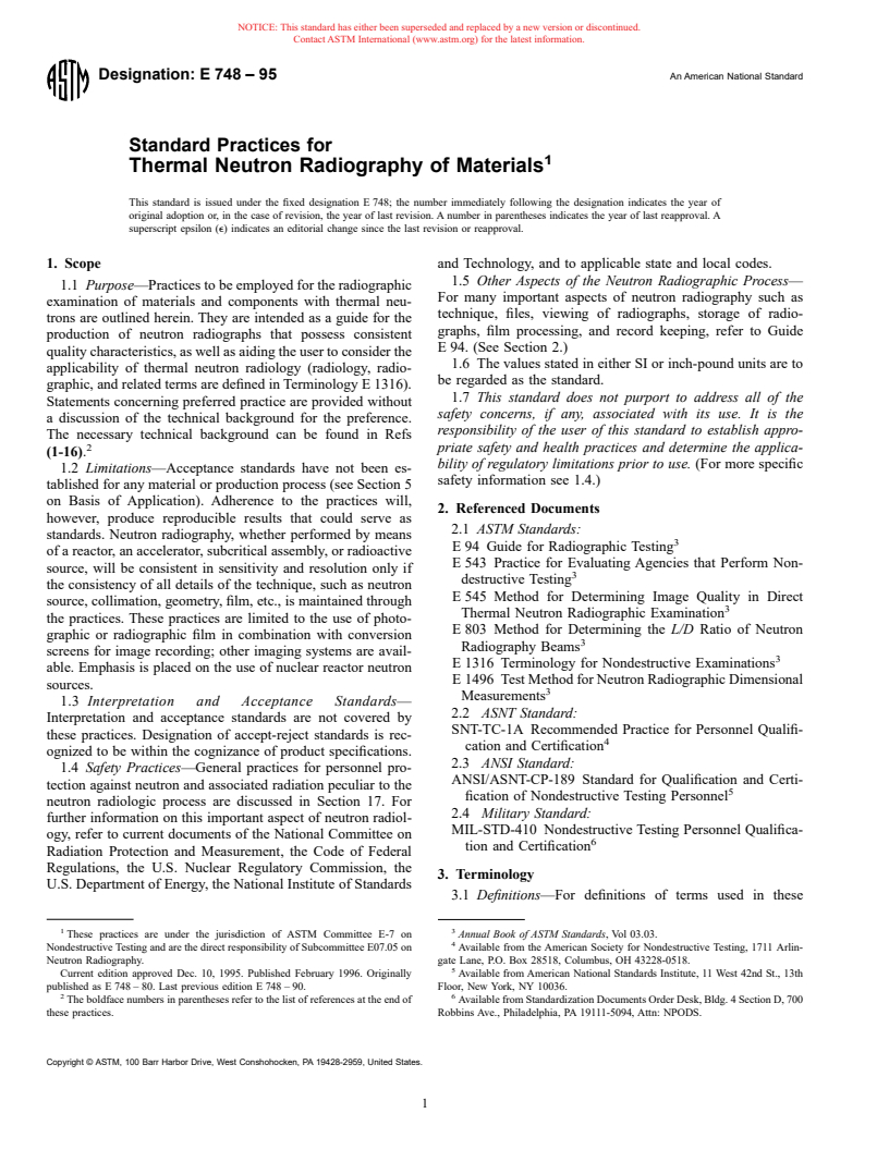 ASTM E748-95 - Standard Practices for Thermal Neutron Radiography of Materials