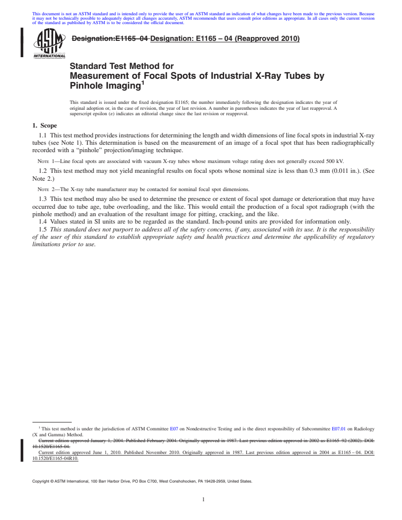 REDLINE ASTM E1165-04(2010) - Standard Test Method for Measurement of Focal Spots of Industrial X-Ray Tubes by Pinhole Imaging