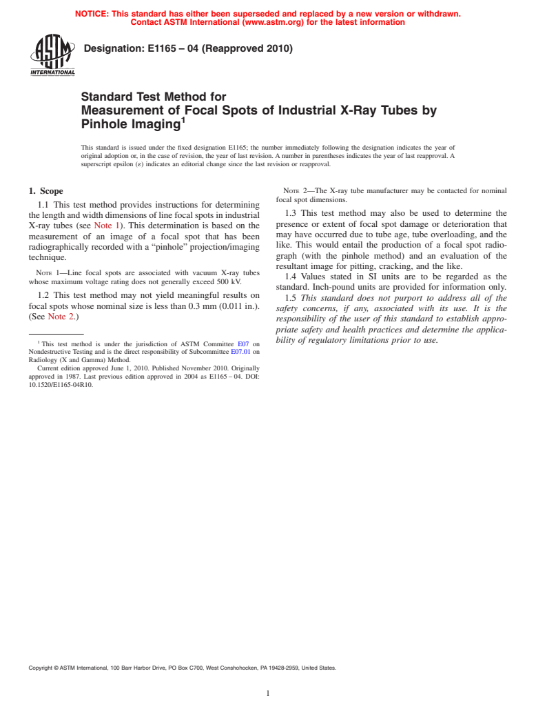 ASTM E1165-04(2010) - Standard Test Method for Measurement of Focal Spots of Industrial X-Ray Tubes by Pinhole Imaging