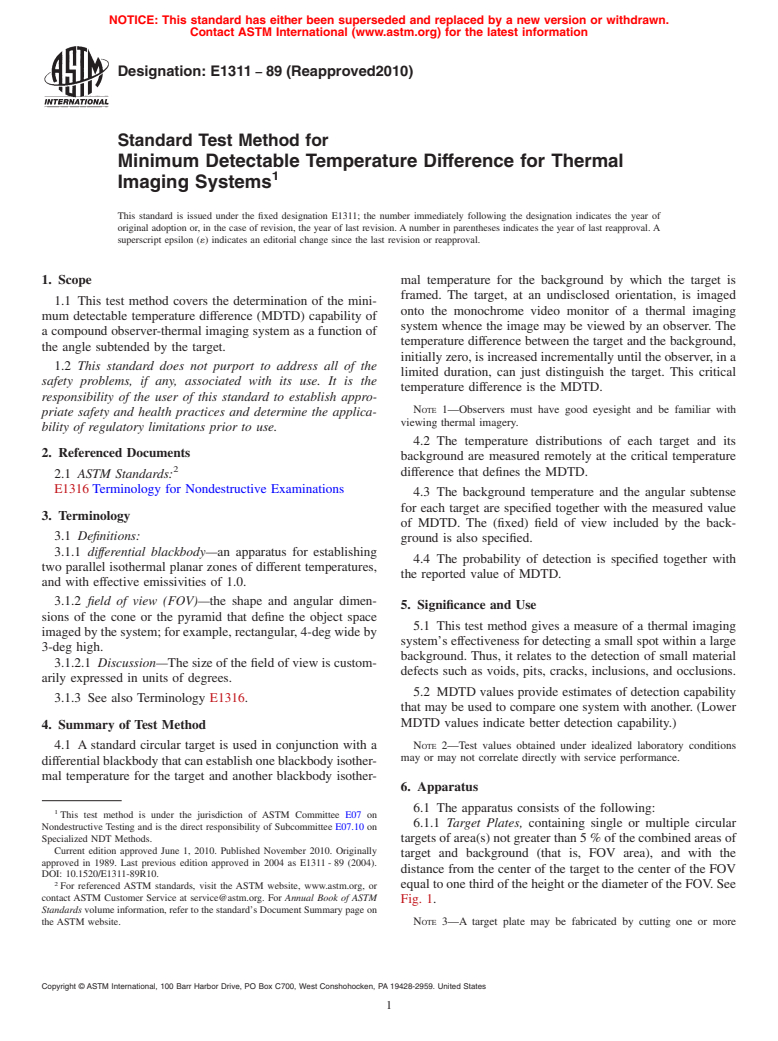 ASTM E1311-89(2010) - Standard Test Method for Minimum Detectable Temperature Difference for Thermal Imaging Systems