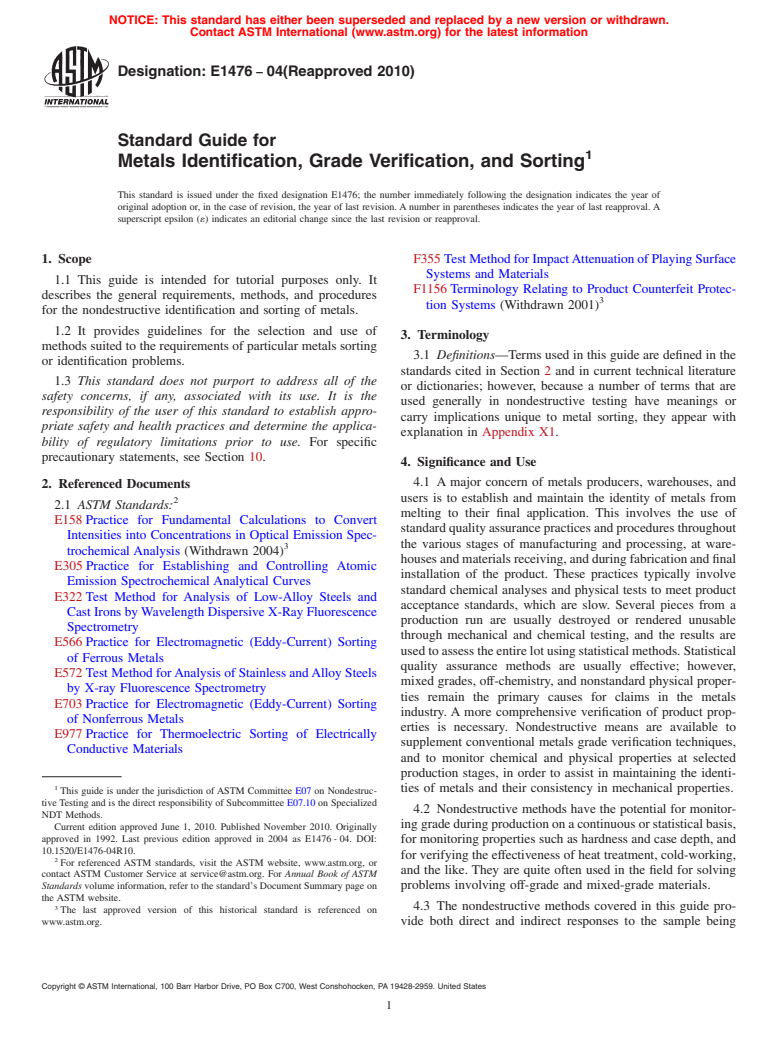 ASTM E1476-04(2010) - Standard Guide for Metals Identification, Grade Verification, and Sorting