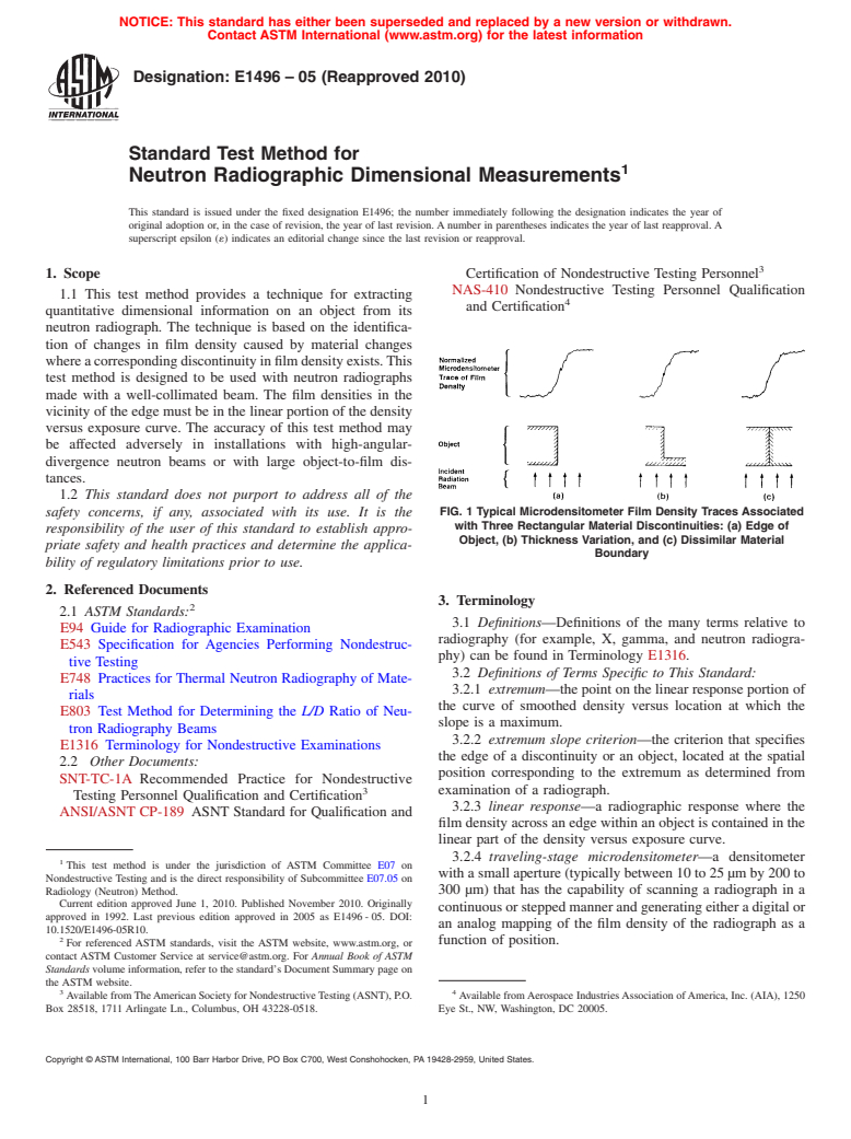 ASTM E1496-05(2010) - Standard Test Method for Neutron Radiographic Dimensional Measurements (Withdrawn 2012)