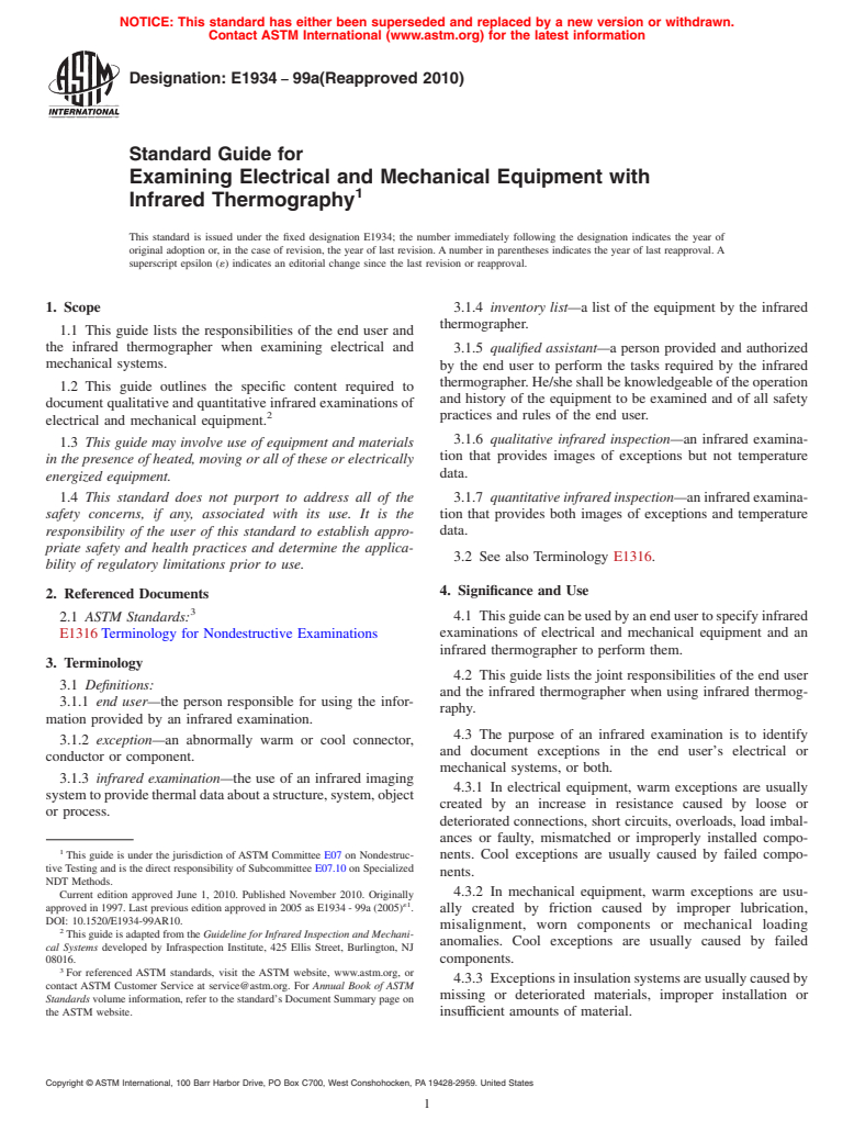 ASTM E1934-99a(2010) - Standard Guide for Examining Electrical and Mechanical Equipment with Infrared Thermography