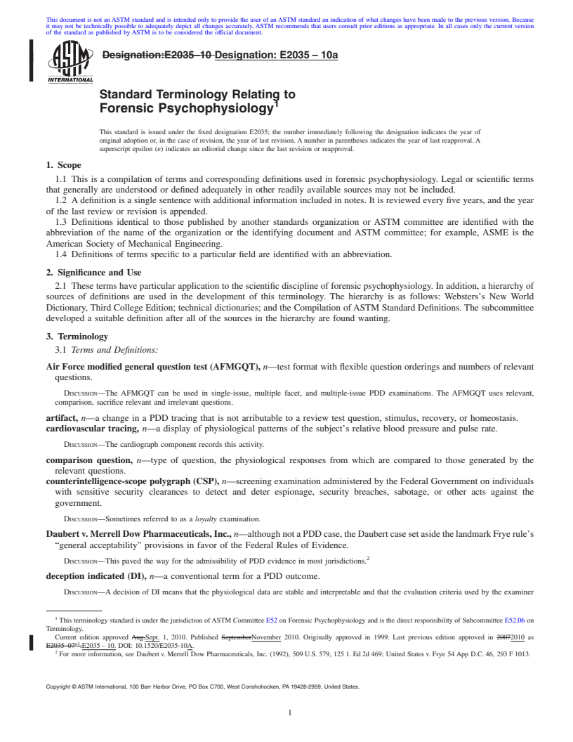 REDLINE ASTM E2035-10a - Standard Terminology Relating to Forensic Psychophysiology