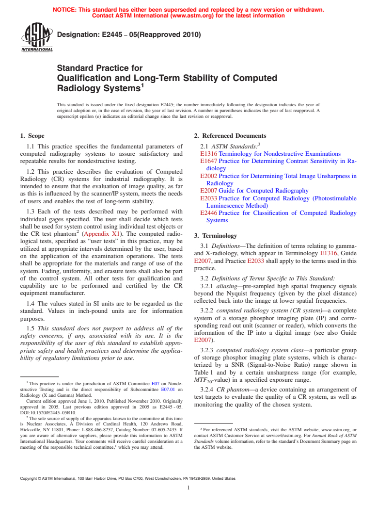 ASTM E2445-05(2010) - Standard Practice for Qualification and Long-Term Stability of Computed Radiology Systems