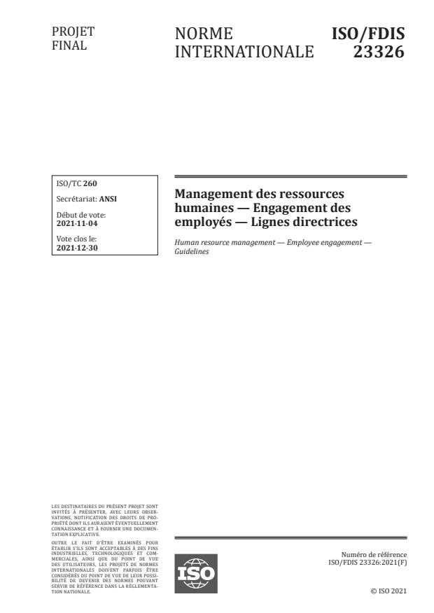 ISO/FDIS 23326 - Management des ressources humaines -- Engagement des employés -- Lignes directrices