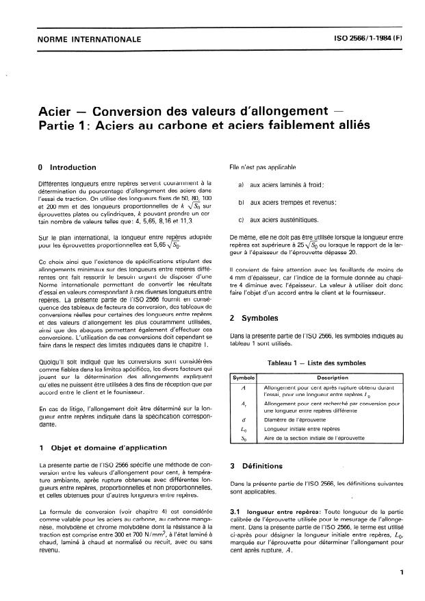 ISO 2566-1:1984 - Acier -- Conversion des valeurs d'allongement