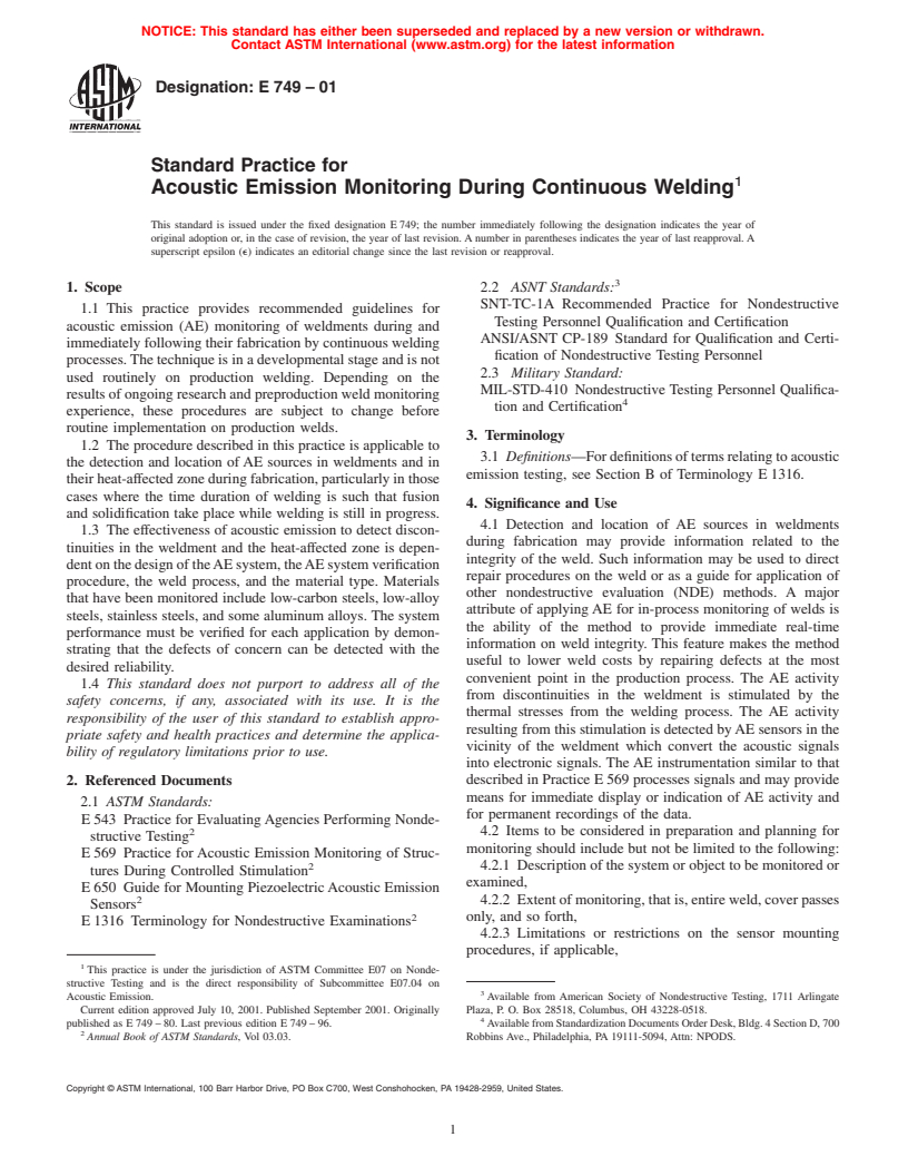 ASTM E749-01 - Standard Practice for Acoustic Emission Monitoring During Continuous Welding