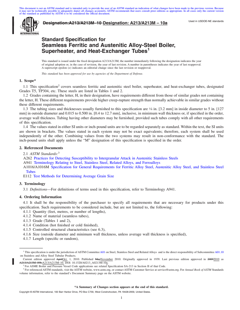 REDLINE ASTM A213/A213M-10a - Standard Specification for  Seamless Ferritic and Austenitic Alloy-Steel Boiler, Superheater, and Heat-Exchanger Tubes