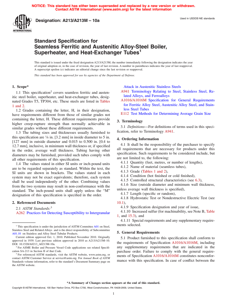 ASTM A213/A213M-10a - Standard Specification for  Seamless Ferritic and Austenitic Alloy-Steel Boiler, Superheater, and Heat-Exchanger Tubes