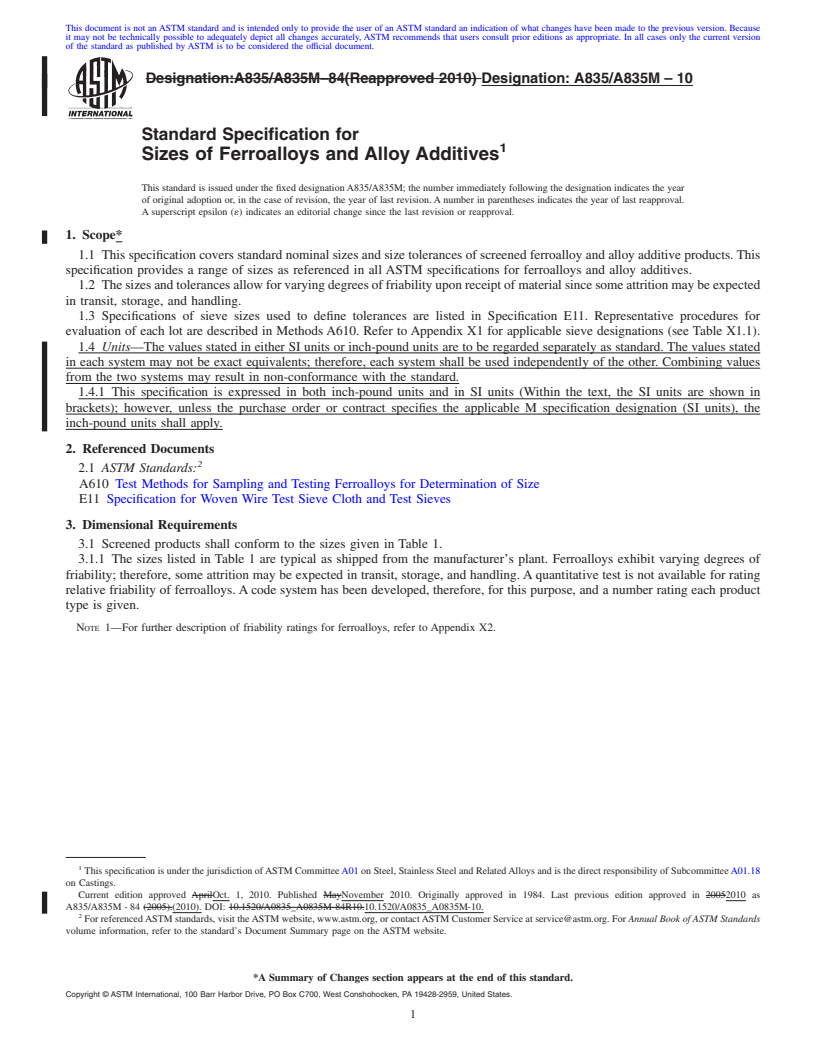 REDLINE ASTM A835/A835M-10 - Standard Specification for Sizes of Ferroalloys and Alloy Additives