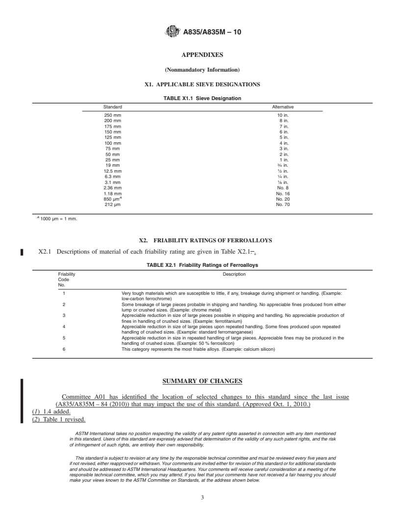 REDLINE ASTM A835/A835M-10 - Standard Specification for Sizes of Ferroalloys and Alloy Additives