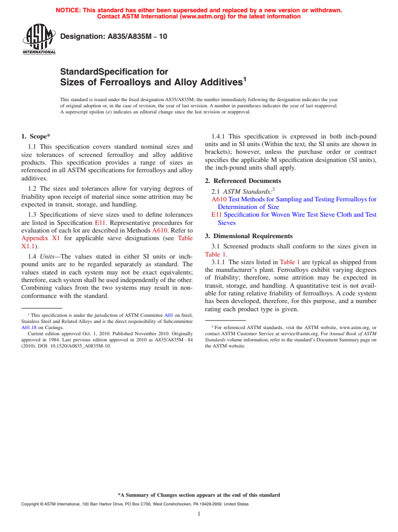 ASTM A835/A835M-10 - Standard Specification for Sizes of Ferroalloys and Alloy Additives